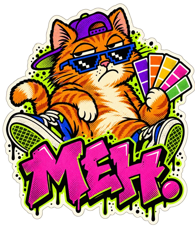 MEH. An unimpressed orange cat in pixel sunglasses holding color swatches.