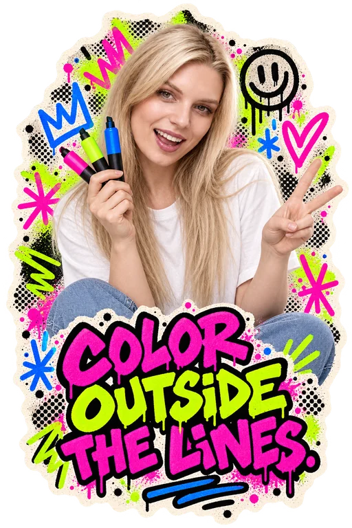 COLOR OUTSIDE THE LINES. Kateryna holding colorful markers and making a peace sign, with neon graffiti and torn paper.