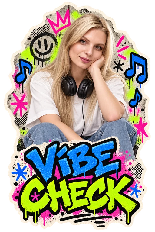 VIBE CHECK. Kateryna in a white T-shirt with headphones, surrounded by neon graffiti and torn paper.