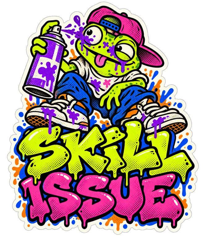 SKILL ISSUE. A goofy lime frog accidentally spraying purple paint on its own face.