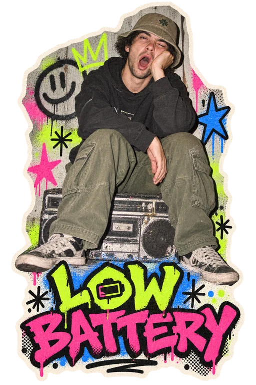 LOW BATTERY. A sleepy man in a bucket hat sitting on a boombox, surrounded by graffiti.