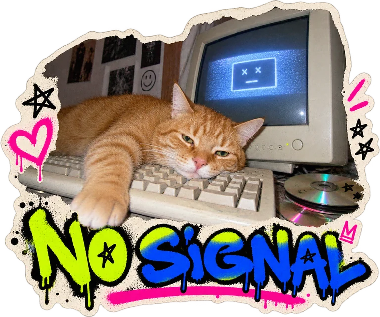 NO SIGNAL. A bored cat on a beige computer keyboard in a photo and graffiti collage.