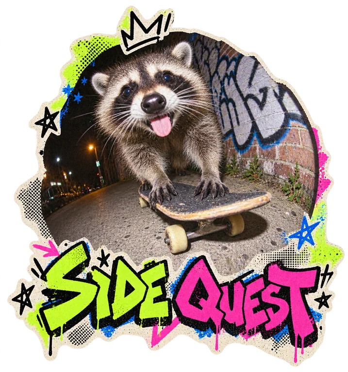 SIDE QUEST. A flash photo of a cheeky raccoon on a skateboard beside a graffiti wall.